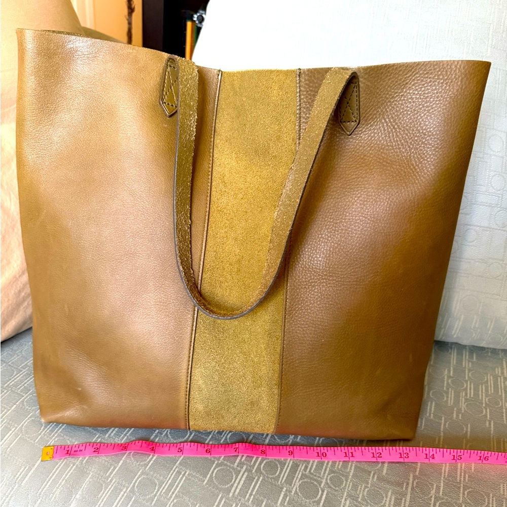 Madewell Olive Green Leather Tote with Suede Stripe